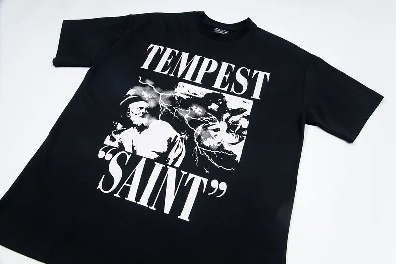 110💰S12# Meichao SAINT white ink direct-injection pure cotton 260g loose short-sleeved T-shirt black, white gray S-XL